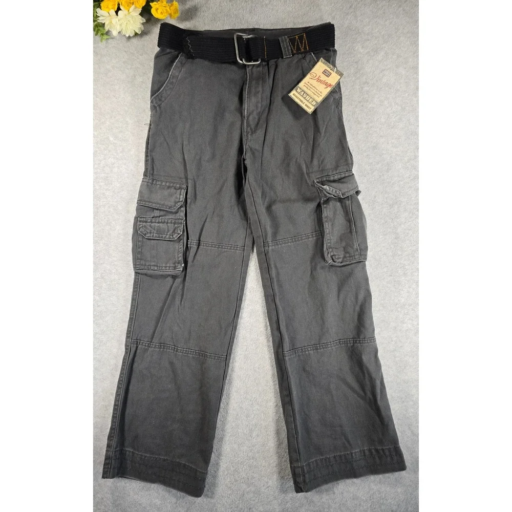 Y2K NWT Faded Glory Boys Belted Cargo‎ Pants Charcoal Dust Size 12 Vintage Wash